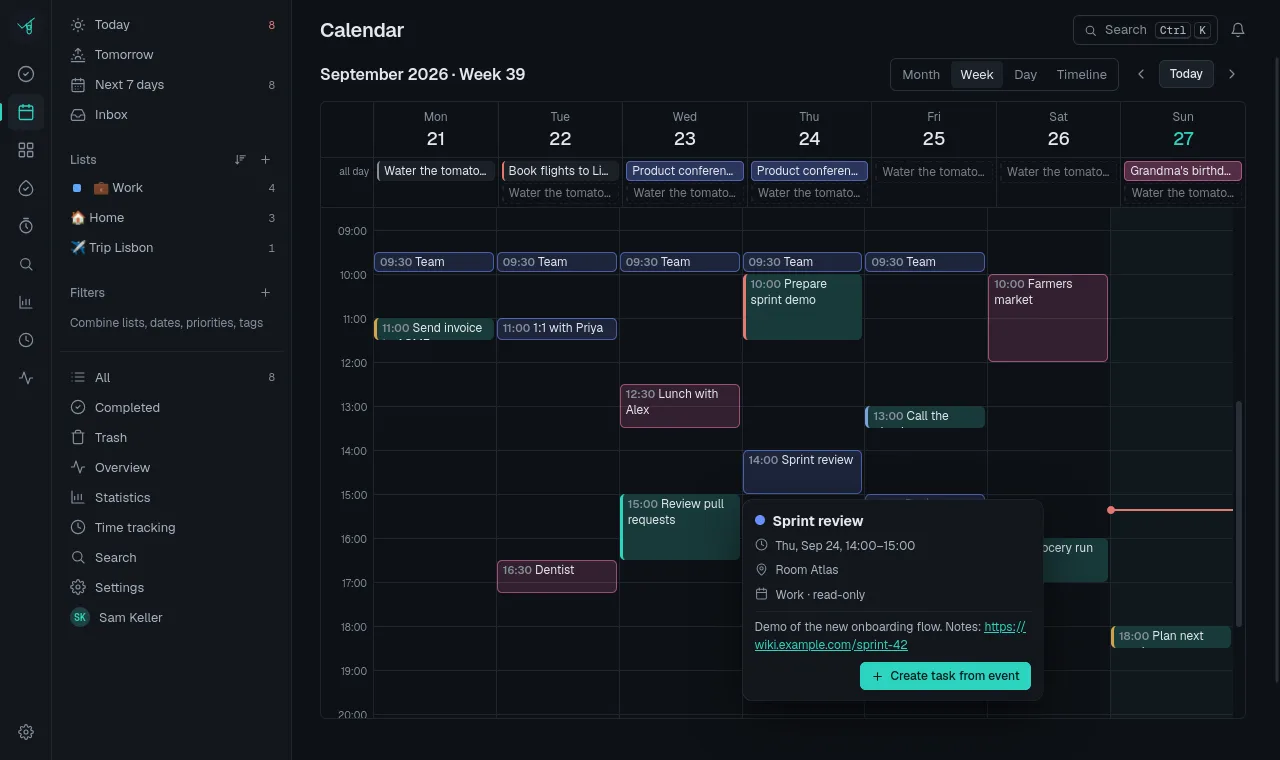 Month calendar with tasks and recurring items