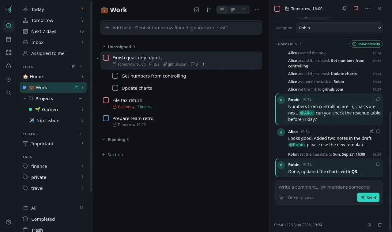 Task panel with activity lines and comments with mentions