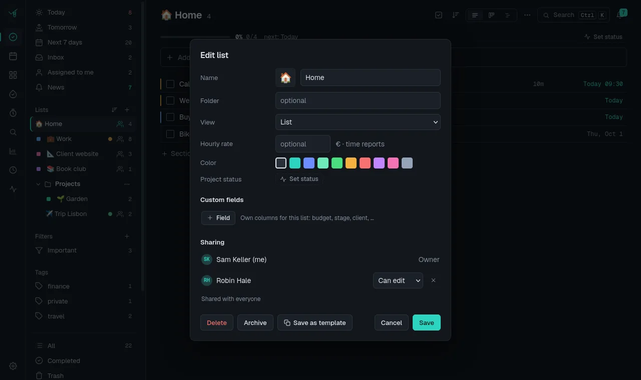 Edit list dialog with the sharing section